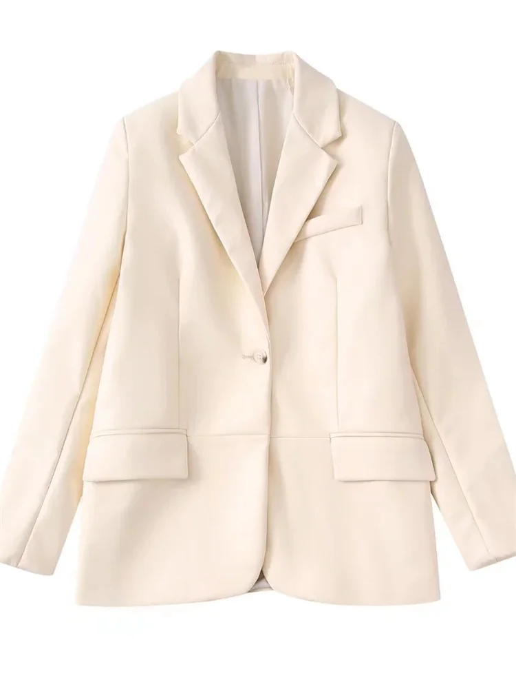 

Fashion Women Beige Faux Leather Flap Pockets Blazer Jacket 2022 For Office Lady Coat Long Sleeve With Pads Outerwear