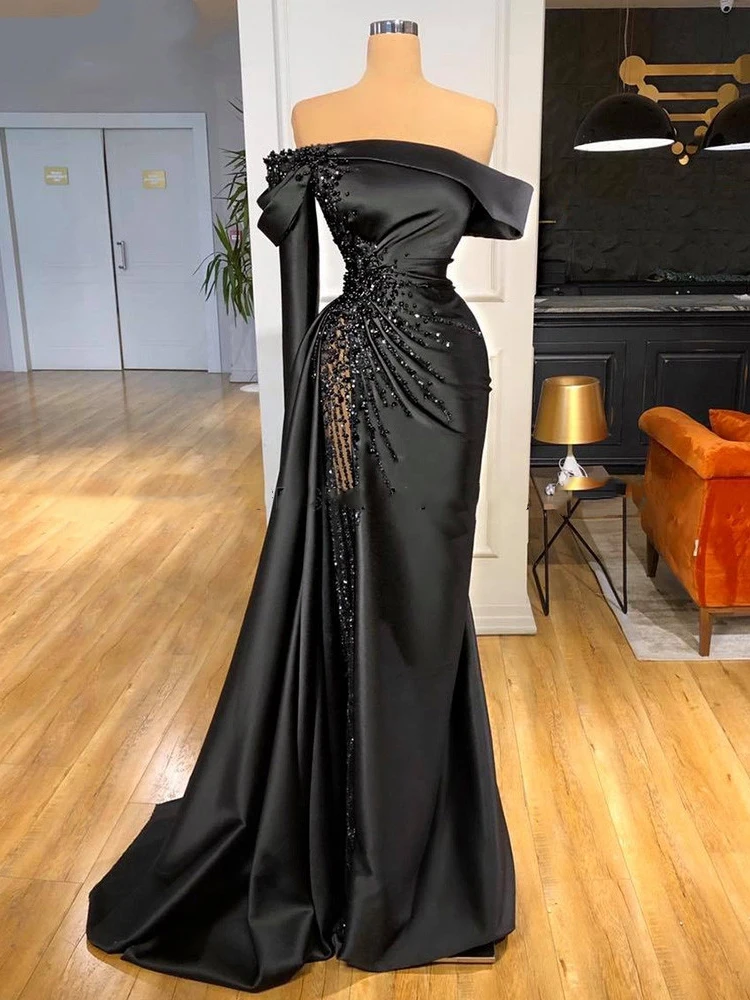 

Sexy Black Pleat Satin Long Prom Dress Pearls Evening Gala Dress Mermaid Formal Luxury Evening Party Gown Wedding Occasion Dress
