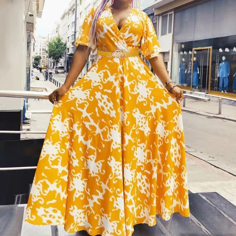 

2022 Printed Party Dress Long Gown Spring Summer Long Dress Short Sleeve Chiffon Costume Ankara Costume