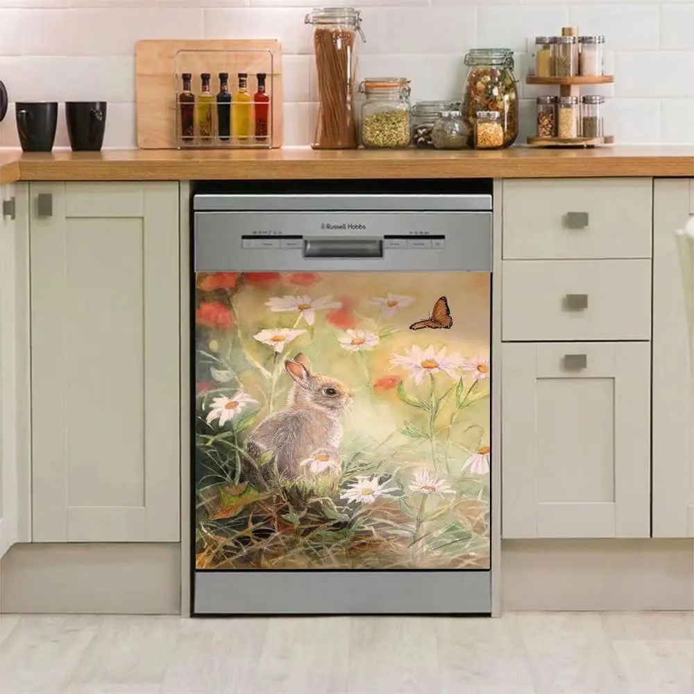 

Flower and Butterfly Dishwasher Cover Magnetic Sticker Oil Painting Heat-resistant Decorative Rabbit Easter Kitchen Decoration f