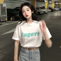 white short sleeve t shirt womens summer korean 2022 new alphabet print loose student round neck bottomed top ins