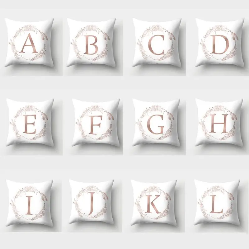 

New 45x45cm Square Kids Bedroom Decorative Throw Pillow Case Rose Gold Alphabet Letter Wreath Feather Printed Cushion Cover