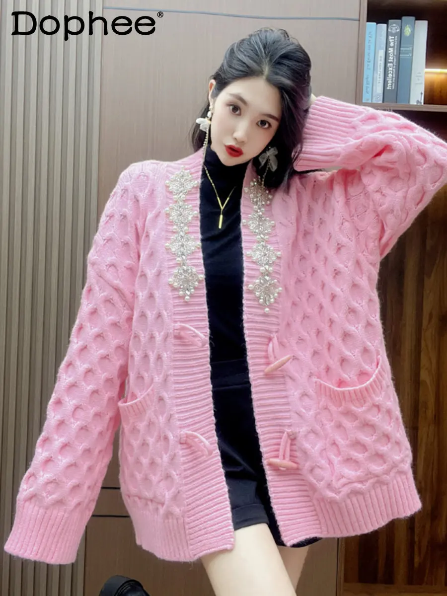 Exquisite Rhinestone Loose Oversized Sweater Women Idle Style Solid Button Knitted Cardigan Korean Winter New Sweet Pink Sweater