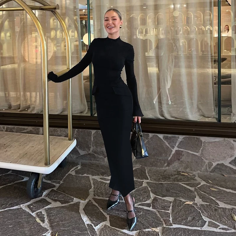 Lygens Элегантное вечернее лоскутное облегающее длинное платье с длинными рукавами