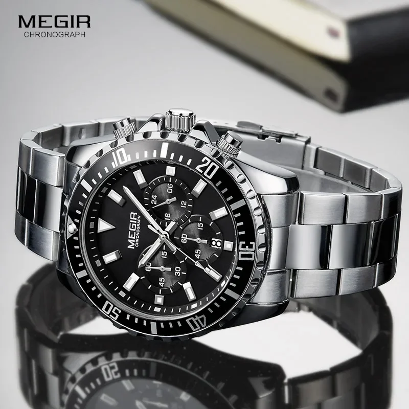 Мужские аналоговые кварцевые часы Megir с хронографом и браслетом из нержавеющей
