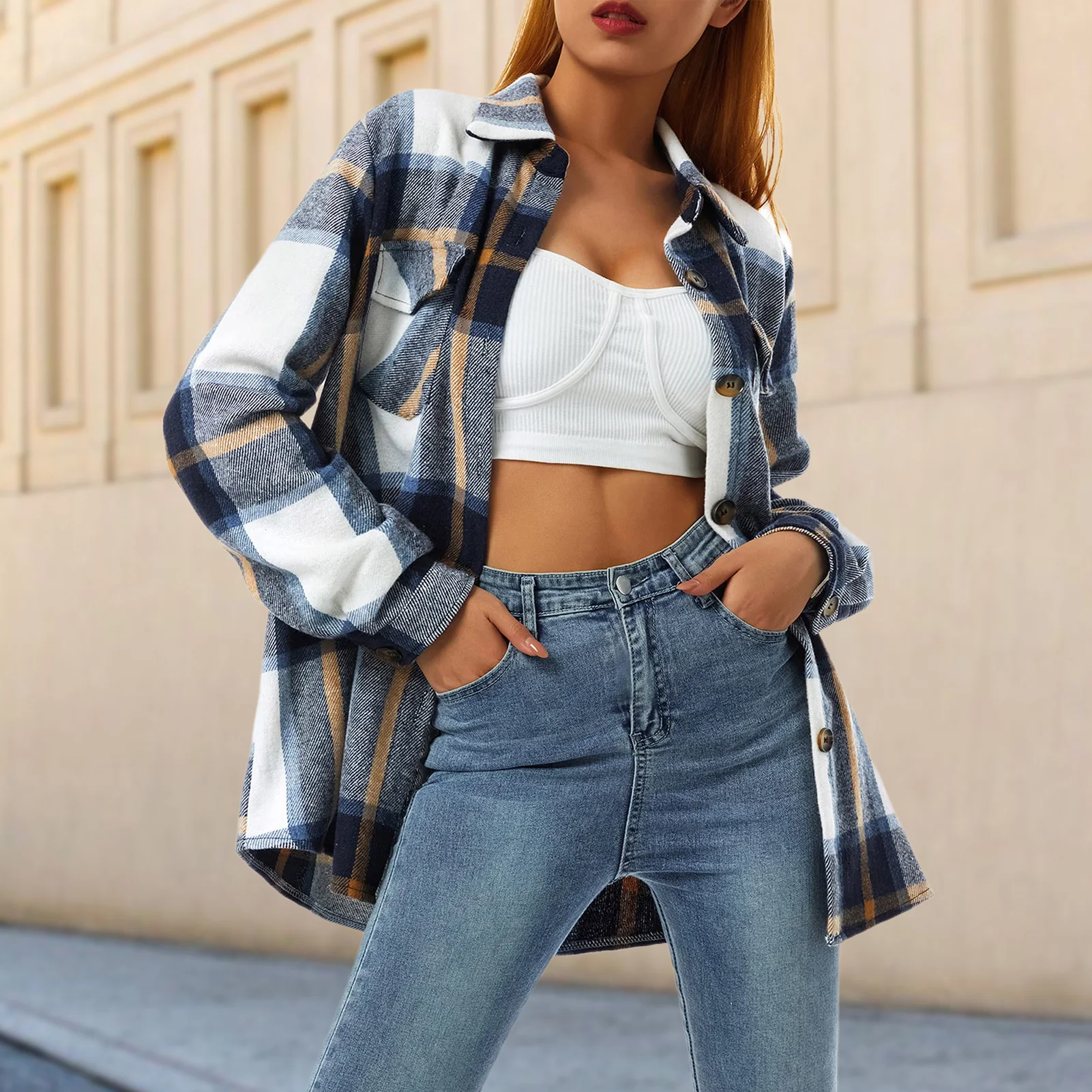 

Women Chest Pocketed Shirts Simple Vintage Plaid Checked Stylish Casual Cozy Boyfriend Blouses Spring Fall Long Sleeve Tops