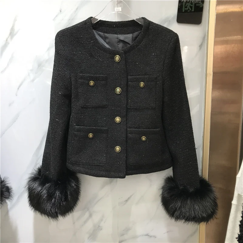 

Женская твидовая куртка на пуговицах, черная однобортная приталенная куртка с длинным рукавом и круглым вырезом, из лисьего меха, GG617, зима 2024