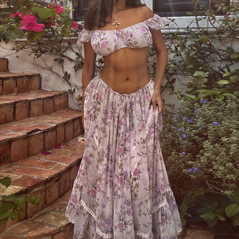 

BEELADAN 2 Piece Set Y2K Floral Off Shoulder Crop Tops + Loose Ruffles A-line Skirt 90s Vintage Backless T-shirt Women Holiay