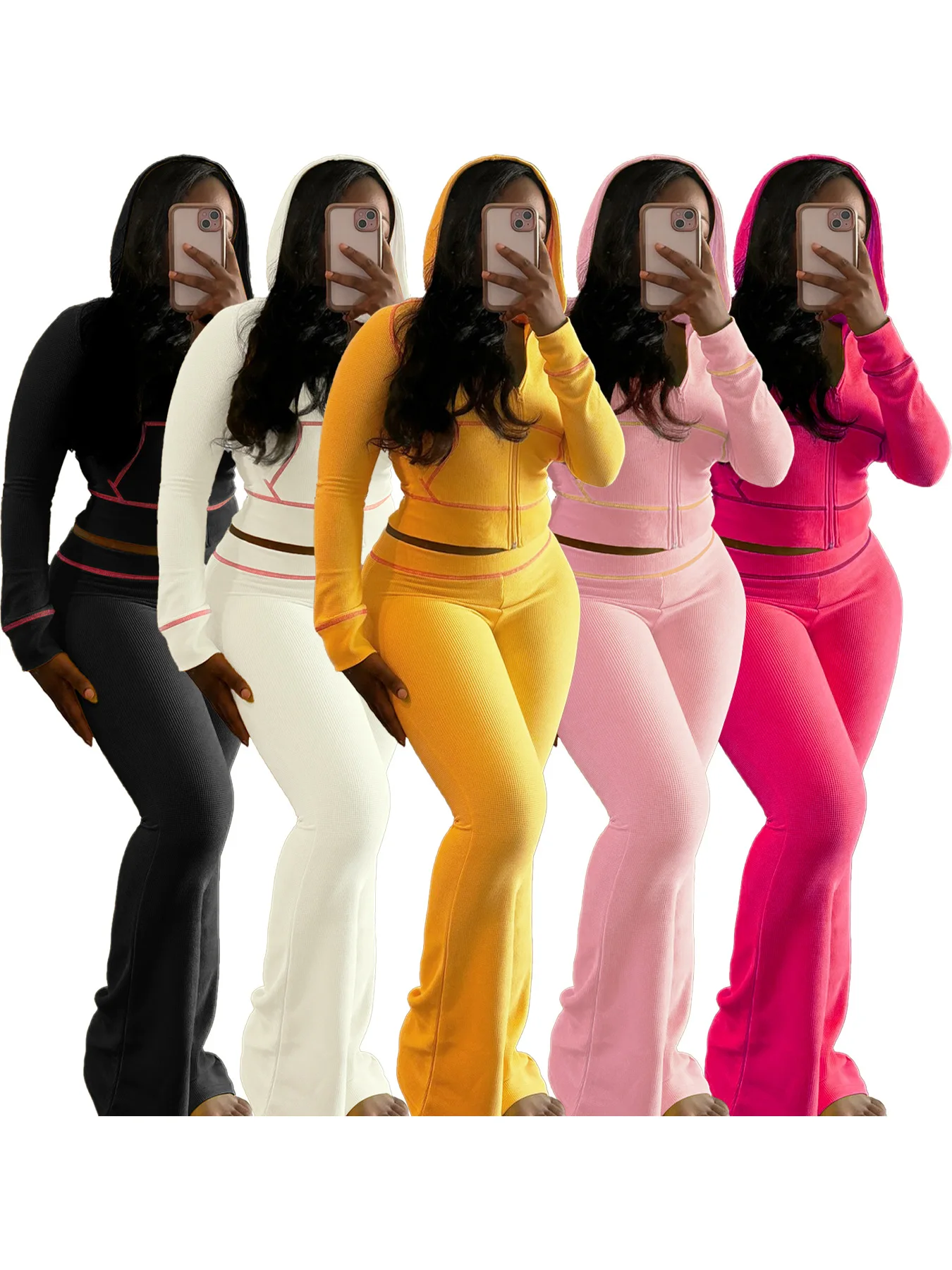 PYMQR розово-красный с длинным рукавом капюшоном CropTop расклешенные брюки для бега