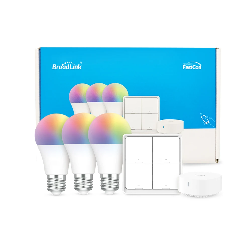 

BroadLink SKE27 Smart Bulbs Starter Kit - 3 Bluetooth RGBCW Light Bulbs with Music Sync, 1 Wireless Scene Switch, Hub included