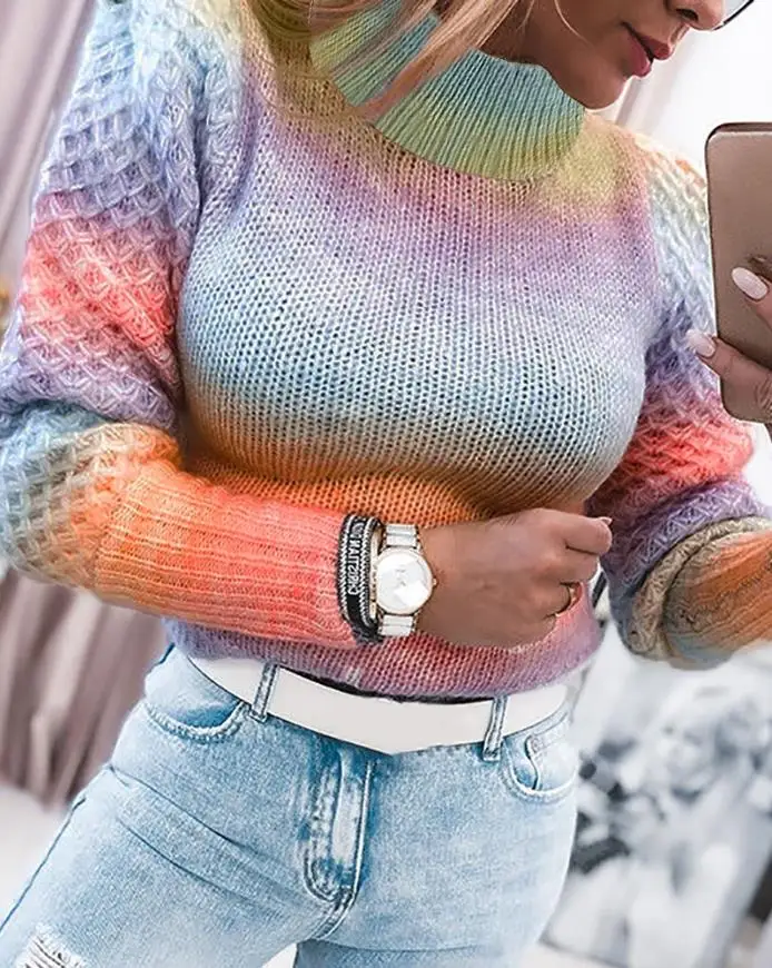 

Spring Autumn Thin Elastic Knitted Sweaters High Neck Knit Ombre Long Sleeve Casual Slim High Stretch Knitwear Pullover Tops