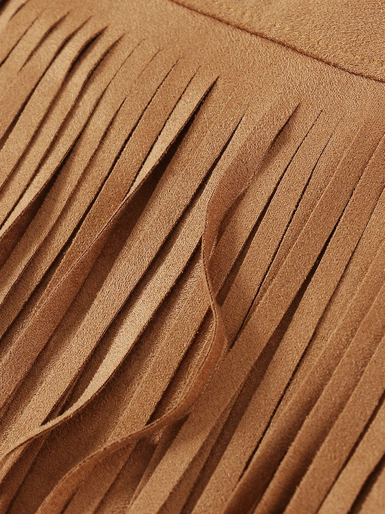 Женская Асимметричная юбка EAM длинная цвета хаки с высокой талией и кисточками