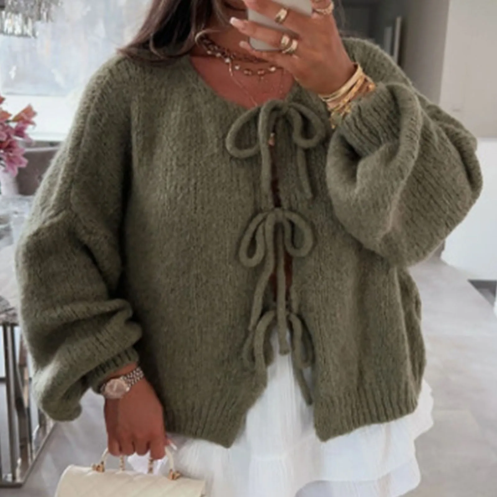 Женский кардиган на шнуровке с открытым передом и рукавами-фонариками