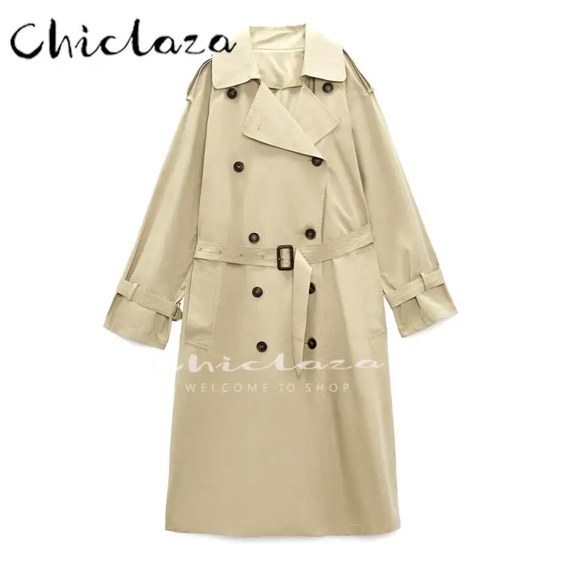 

CHICLAZA 2022 Women High Quality AutumnVintage Chic Double-Breasted Trench Coat Female Casual Solid Long Windbreaker Outwear