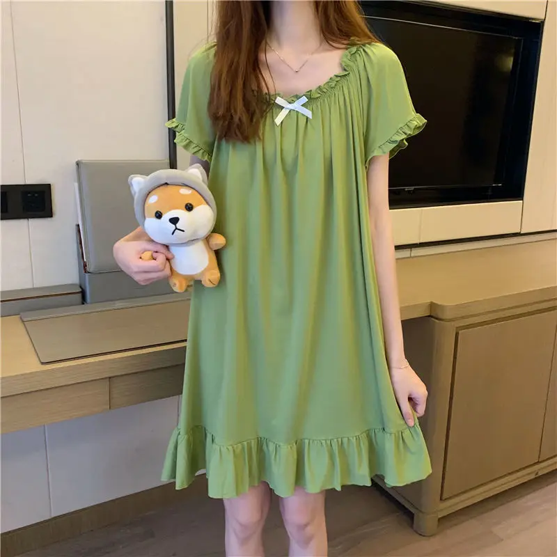 

Ночные рубашки в стиле "Лолита" для принцесс, женские пикантные однотонные кавайные свободные пижамы с коротким рукавом и оборками и бантом,...