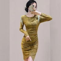 2022 autumn new fashion casual golden bright silk dress skirt women long sleeved tassel waist slimming small body hip skirt