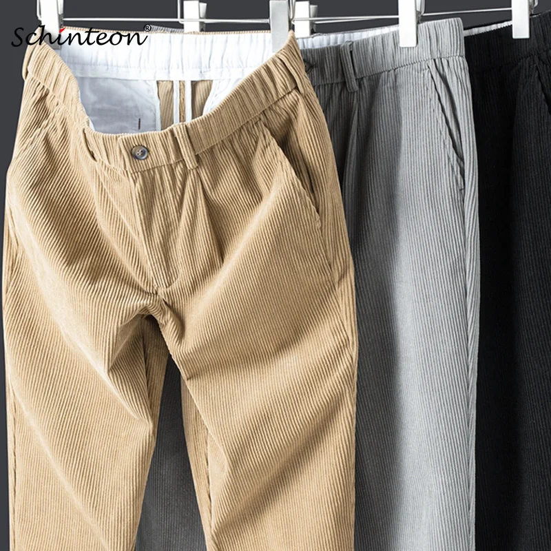 

Schinteon Men Corduroy Elastic Waist Pants Straight Casual Solid Color Warm Fleece Full Trousers 2022 Spring New Arrival