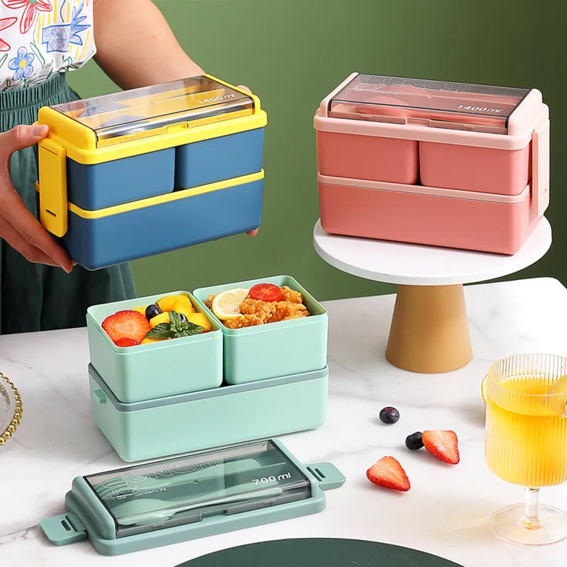 

Decomposable Grid Lunch Box With Fork Spoon Microwavable Bento Box For Kid Student Leakproof Prevent Odor Food Container Kitchen