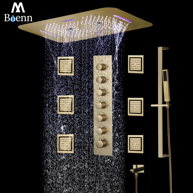 

M Boenn 6 Functions Villa Brushed Gold Water Rotation Shower Set Embeded Ceiling Shower Head Thermostatic Bathroom Faucets Brass