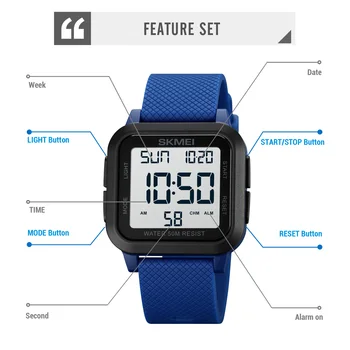 SKMEI Fashion 5Bar Waterproof Stopwatch Digital Male Wristwatches Multifonction Countdown Back Light Sports Watch Clock For Men 6