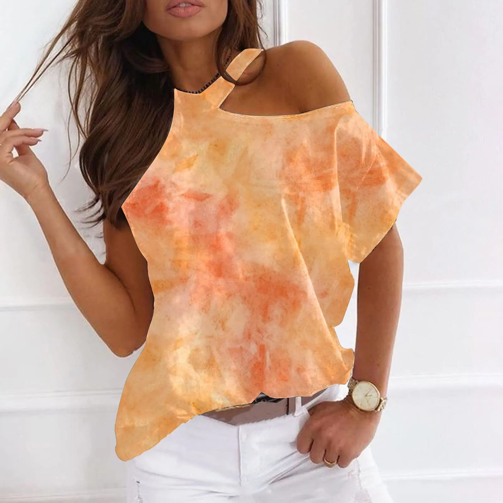 

Sexy Off The Shoulder Tops For Women Fashion Tie-die Print Shirts Tunic Blouses Round Neck T Shirts Summer Short Sleeve Tees