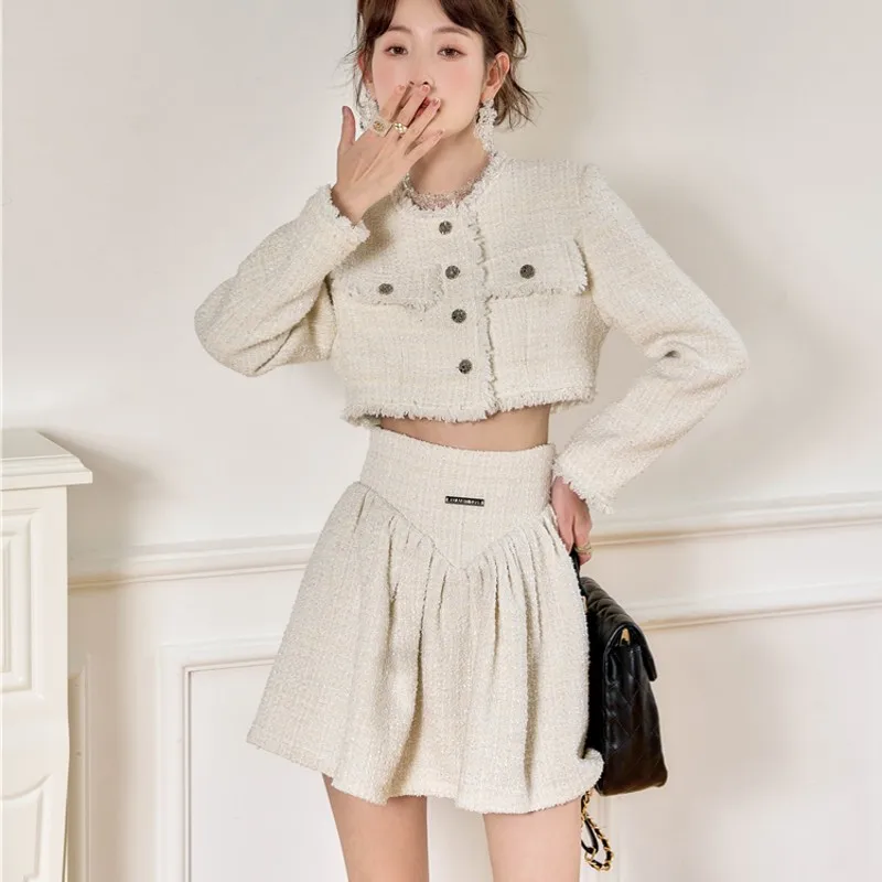 

Runway Fall Tweed Women Fashion Korean Version Single Breasted Jacket Coat + High Waist Fishbone Short Skirt Two Pieces Set Suit
