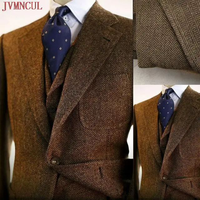 

2022 Brown Wool Blend Herringbone Men Suits Wedding Blazers Business Groom Tuxedo Costume Slim Fit Groom Wear Jacket+Vest+Pants