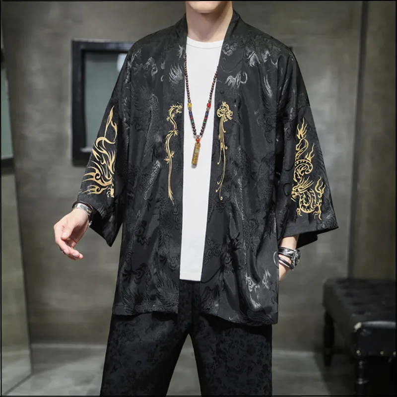 Hanfu Men Chinese Style Silk Robe Cardigan Jacket Oversized Kimono Ancient Japanese Coat