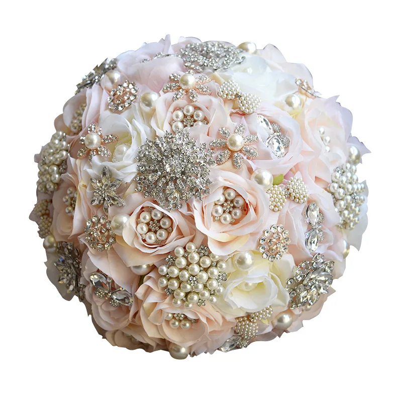 

Bride Wedding Rhinestone Satin Ribbon Rose Flower Pearls Bouquet De Mariage Holding Wedding Valentine's Day Accessories