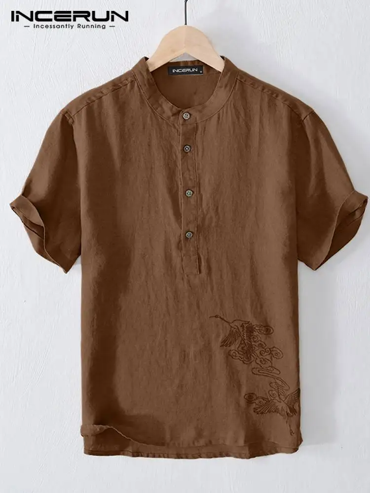 

Men Shirt Cotton Stand Collar Embroidery Short Sleeve 2022 Vintage Casual Men Clothing Harajuku Leisure Shirts INCERUN S-5XL 7