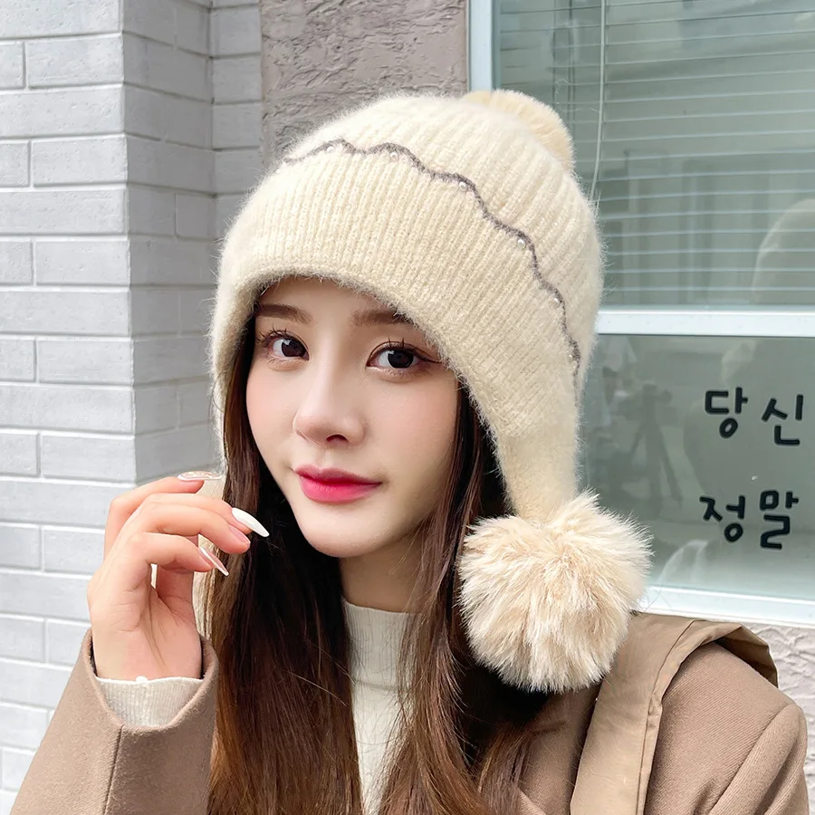 

Autumn and Winter New Fur Ball Pearl Edge Rabbit Fur Knitted Hat Women's Casual All-Matching Warm Hat for Women