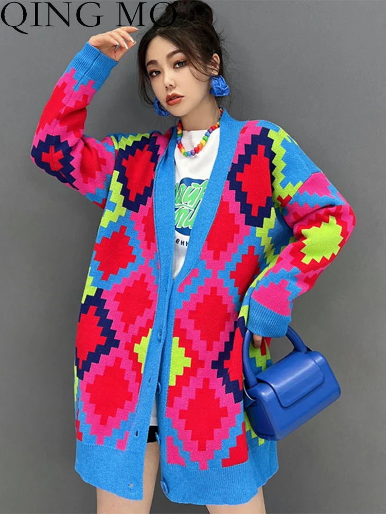 

QING MO Women Color Printing Age Reduction Sweater Loose Wild Cardigan Knitting V Neck Sweater 2023 Autumn Winter LHX1574A
