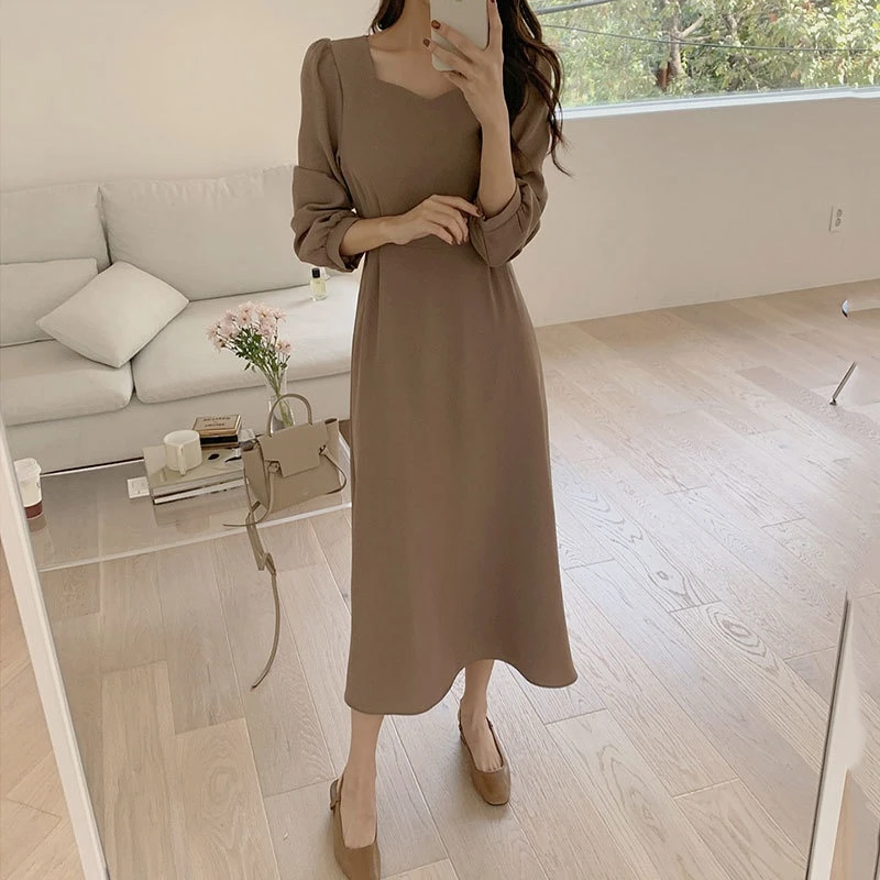 

Chic Korean Fashion Women Temperament Office Lady Elegant Work Basic Wear Solid Vintage Long Dress Fenimine Vestidos dress D1258