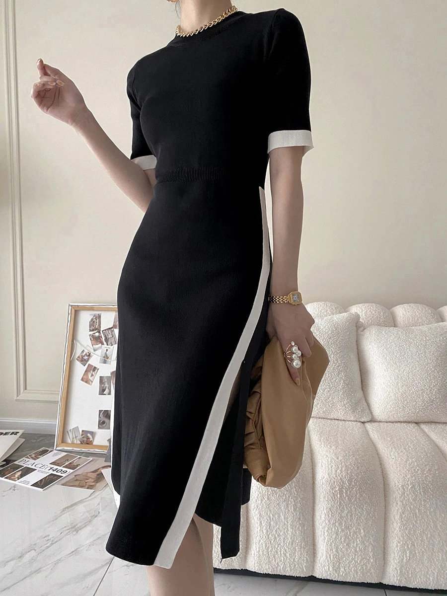 

Solid Color Split A-line dress 2022 Summer Simple Retro Women High-waist Bodycon Dress Casual High Quality Fashion Streetwear