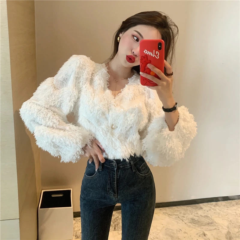 Fashion Temperament Korea Chic Autumn V Neck White Cardigan Coat Loose Pink Puff Long Sleeve Fringed Sweater Sueters De Mujer