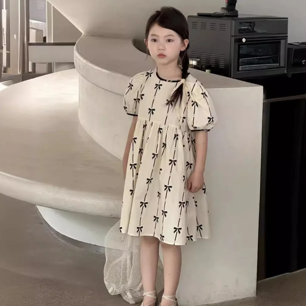 Платье для девочек в корейском стиле новинка 2024 летнее платье Babydoll с бантом и