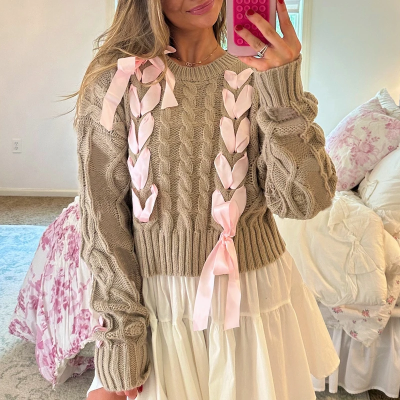 Свитер с милой лентой и крест-накрест девчачьи кокетли вязаные пуловеры женские