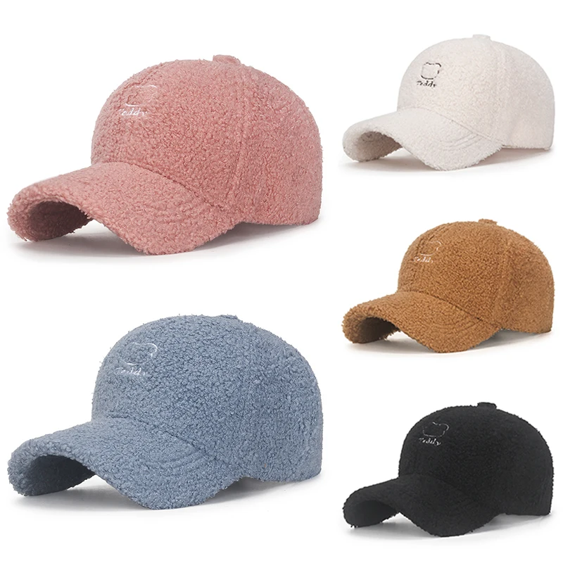 

Winter New Lamb Wool Baseball Cap Men Women Sun Hat Outdoor Warm Plush Caps Letter Embroidery Hats Solid Color Adjustable