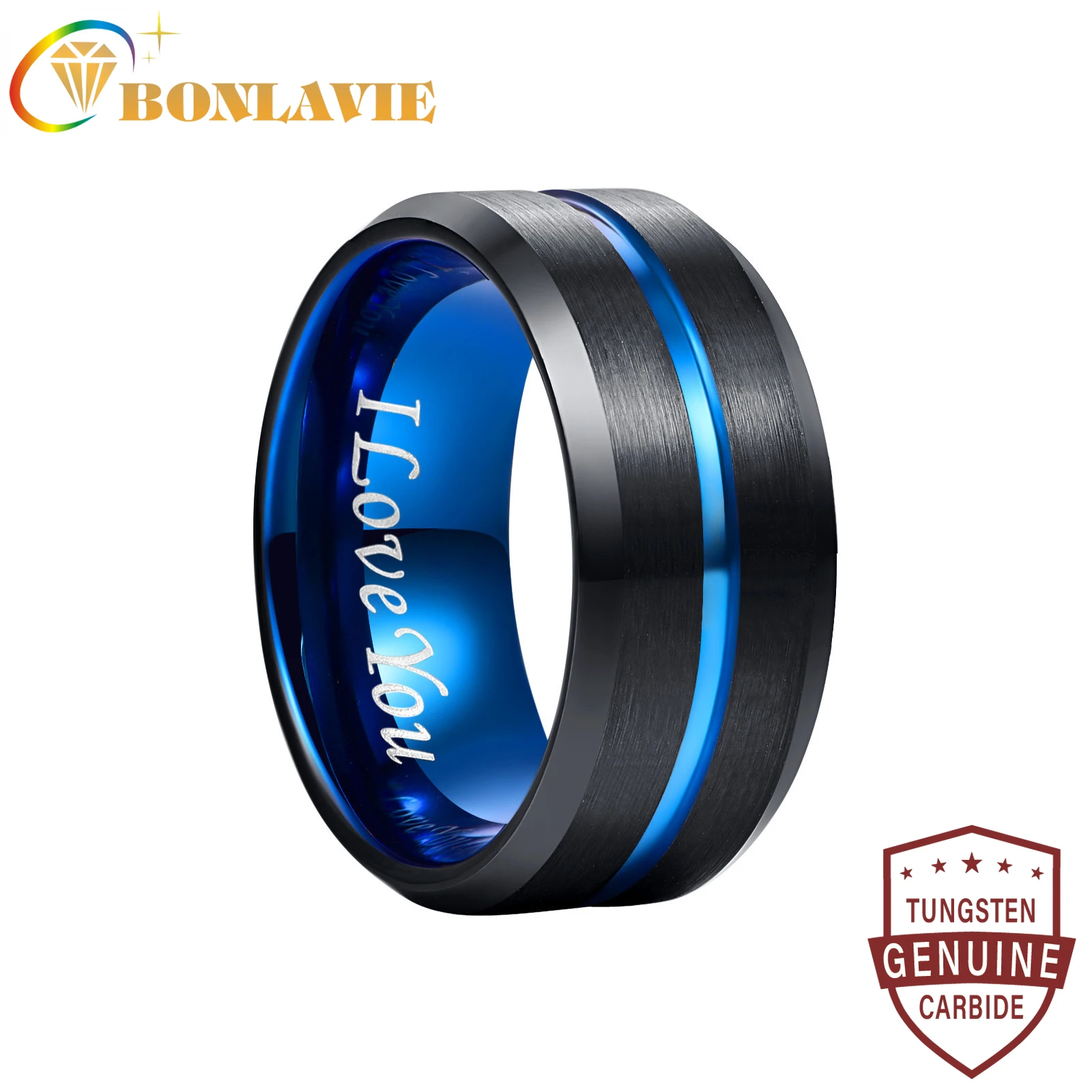 

BONLAVIE Men's Tungsten Carbide Ring Blue+Black Tungsten Steel Ring Beveled Edge Wedding Band 10mm 6mm 4mm Size 7-17 Comfort Fit
