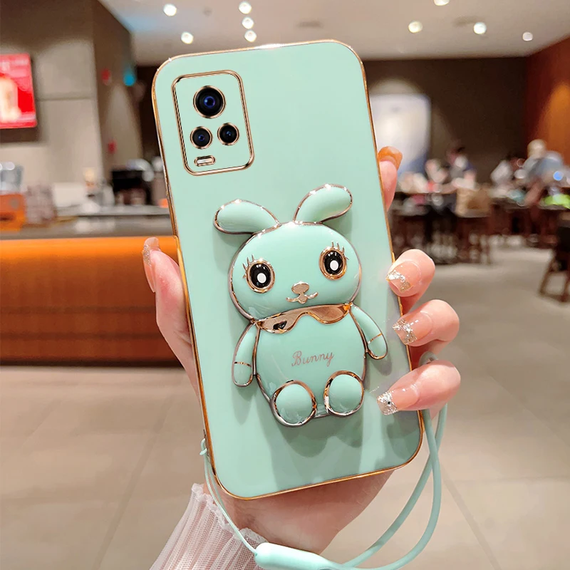 

Cute Cartoon Rabbit Fold Stand For VIVO V20 Phone Case With Lanyard Luxury Plating Cover