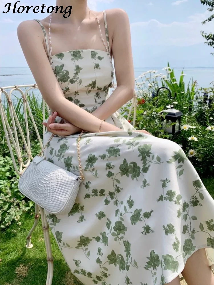 

Horetong French Vintage Strap Midi Dress Woman Floral Elegant Sweet Birthday Dresses Korean Fashion Summer Vacation Vestidos