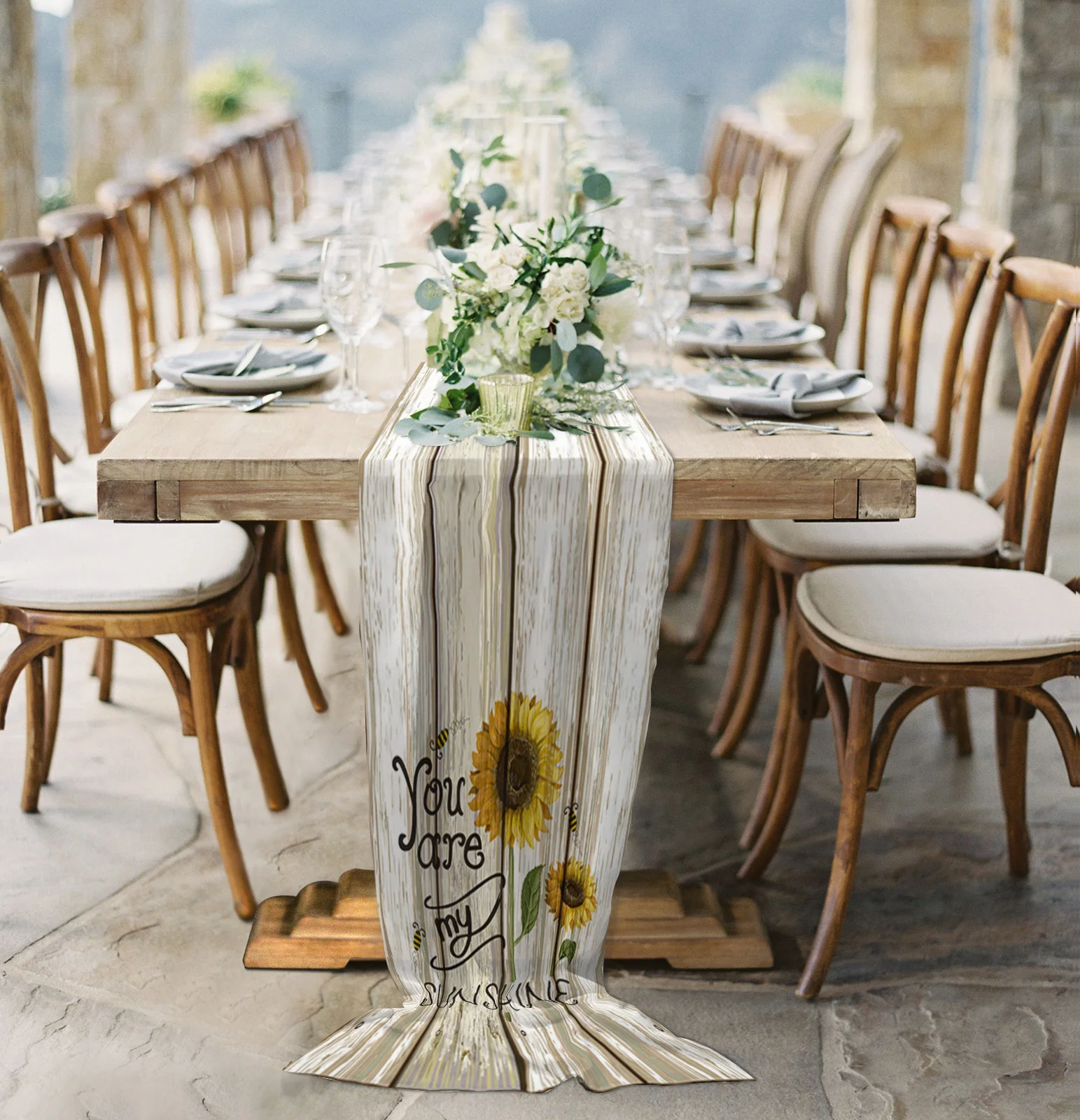 

Идиллическая подсолнухая пчела, винтажная деревянная доска, прозрачная шифоновая скатерть для свадебной вечеринки, тюль, вуаль, скатерть, у...