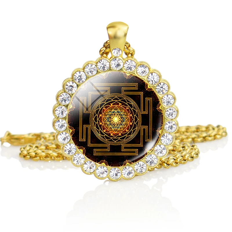 

Sri Yantra Mandala Pattern Rhinestone Pendant Necklace Buddhist Sacred Geometry Gold Plated Necklace Spiritual Jewelry