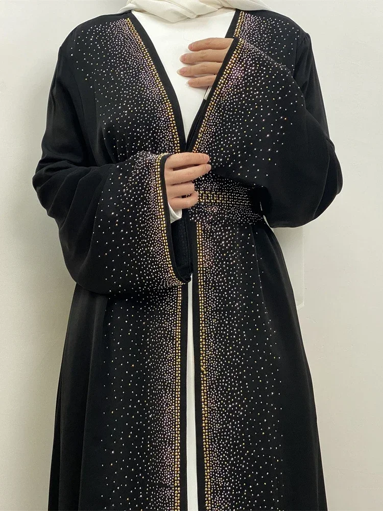 Eid Muslim Abaya for Women Diamond Kimono Cardigan Dress Pocket Ramadan Lace-up Abayas Kaftan Dubai Arab Long Robe Vestido Largo