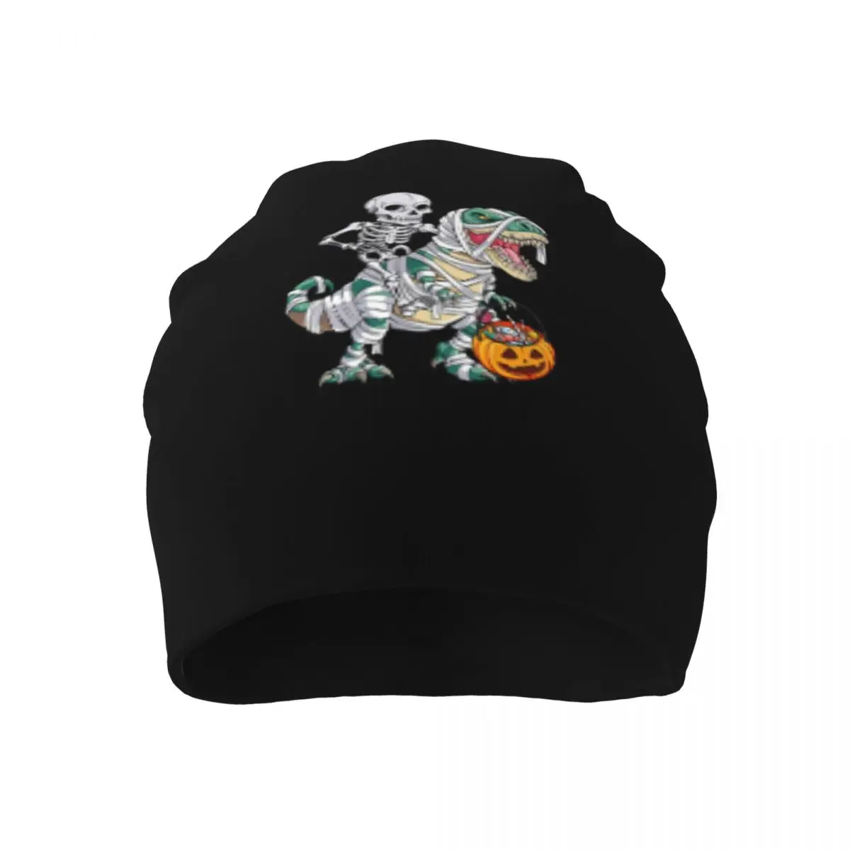 Skelton Riding A Dinosaur With Pumpkin Basket Thin Beanie Dinosaure Hardcore Men Women Hat Four Seasons Hip Hop Beanies