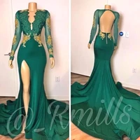 dark green mermaid evening dresses sexy side split long sleeves gold lace appliques beaded deep v neck backless prom gowns