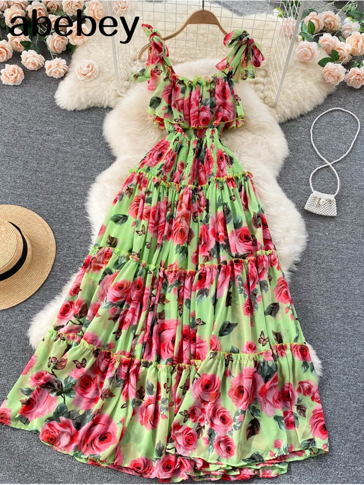 

French Elegant Women Floral Print Summer Dress Sexy Spaghetti Strap 2023 Sleeveless Backless Maxi Long Beach Holiday Dresses