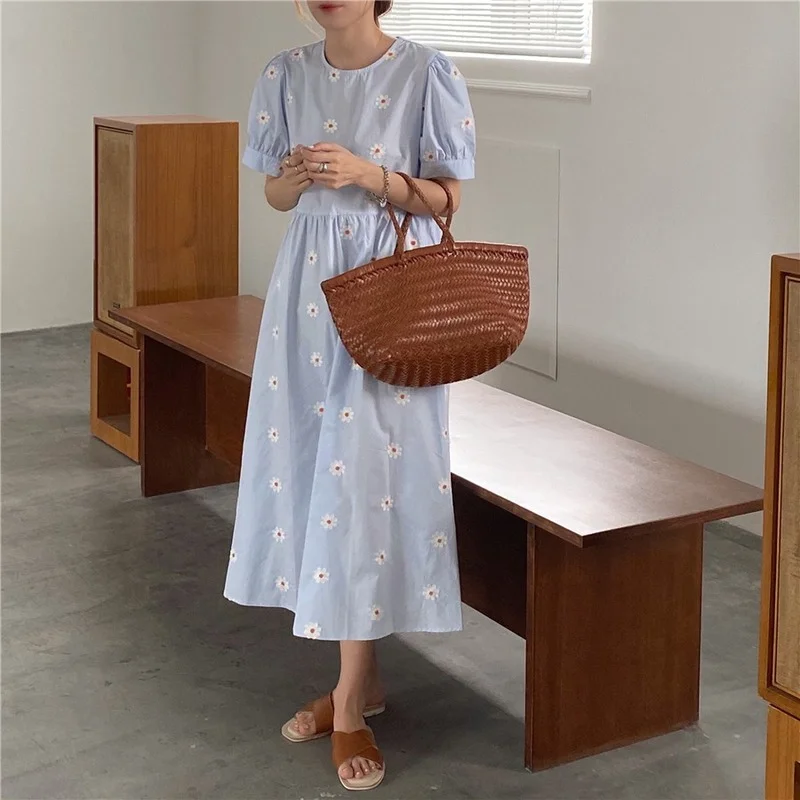

2023 Summer Short Puff Sleeve Cotton Floral Embroidery Vintage Elegant Long Dress Korean Fashion Temperament Cottagecore Dress