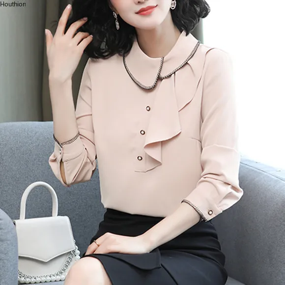 

Autumn New Women's Blouses Lapel Long Sleeve Stitching Solid Satin Top Hedging Casual Fashion Loose Clothing Houthion