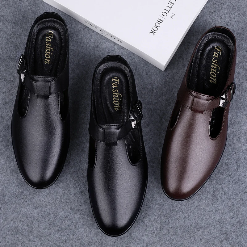 2022New Hot Sale Summer Half Drag Men Outdoor Casual Flats Fashion Sandals Genuine Leather Beach Shoes Quality Non-slip Slippers